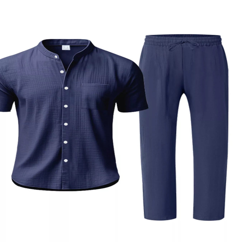 Men's Full Size Casual Button Up Short Sleeve Shirt and Pants Set Plus Size - Navy