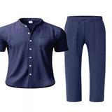 Men's Full Size Casual Button Up Short Sleeve Shirt and Pants Set Plus Size - Navy