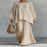Solid Color Long Sleeve Top and Wide Leg Pants Set - White