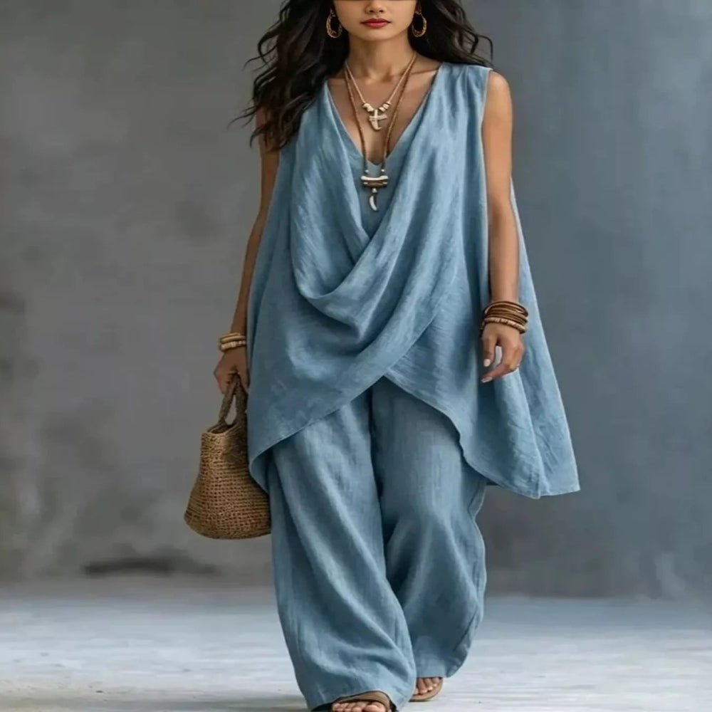 Sleeveless Asymmetrical Top and Wide-Leg Pants Set - Black