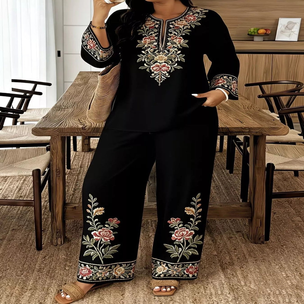 Full Size Embroidered Long Sleeve Top and Pants Set Plus Size - White