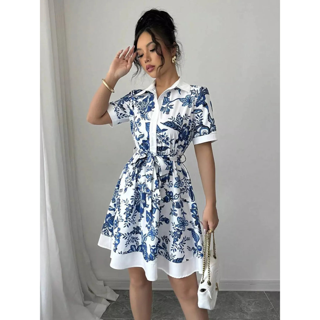 Printed Button Front Mini Dress - Indigo