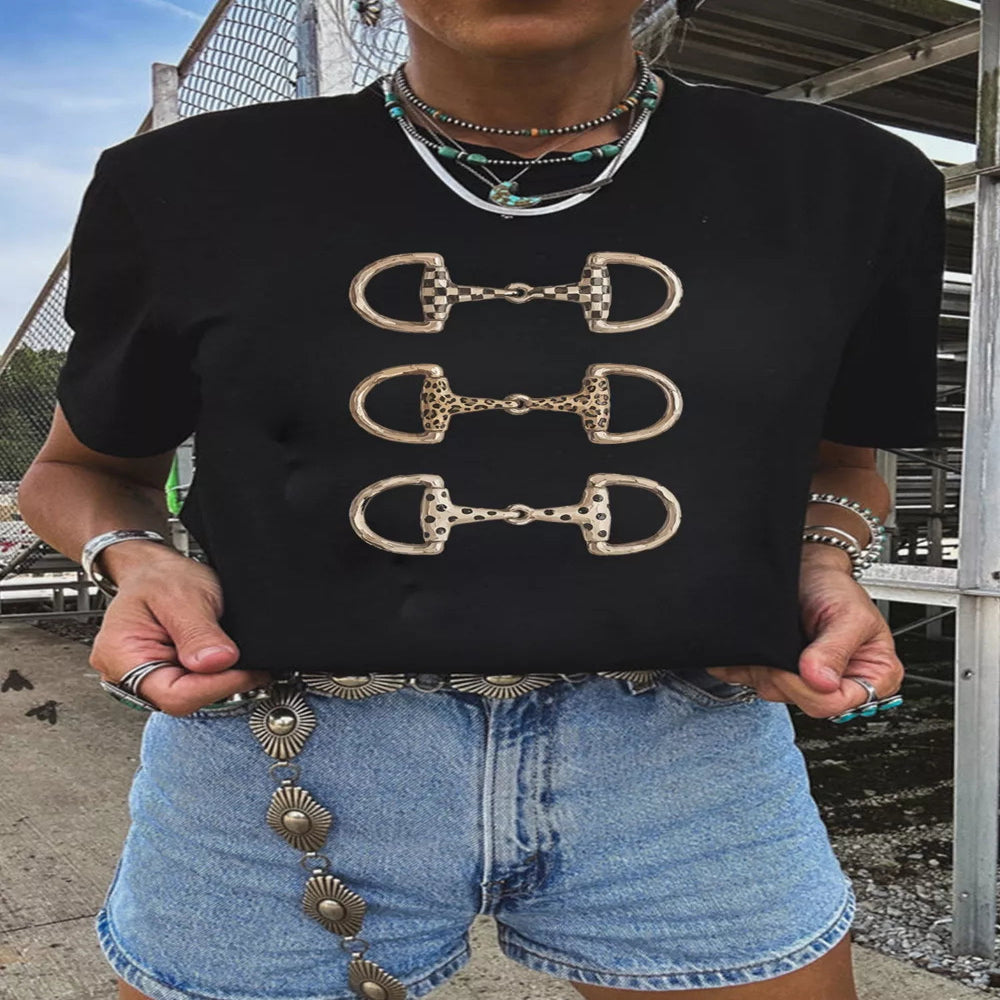 Western Horse Bit Printed Relaxed T-Shirt - Black