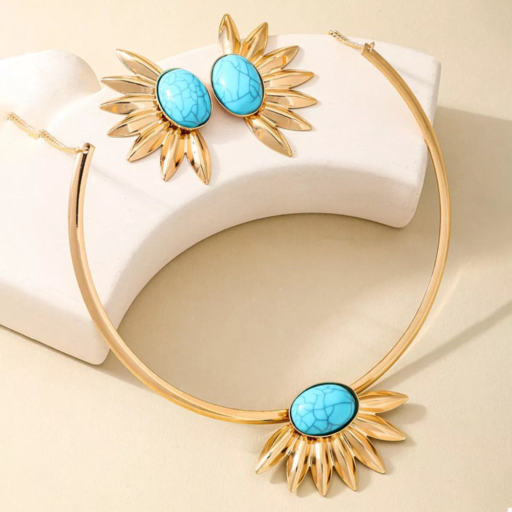 Turquoise Sunflower Necklace And Earrings Jewelry Set