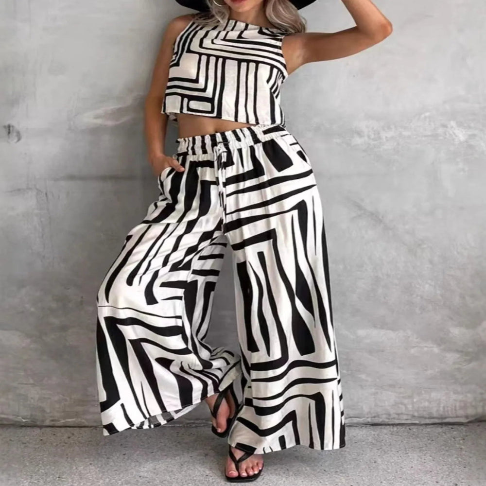 Geometric Print Sleeveless Top and Wide Leg Pants Set - White