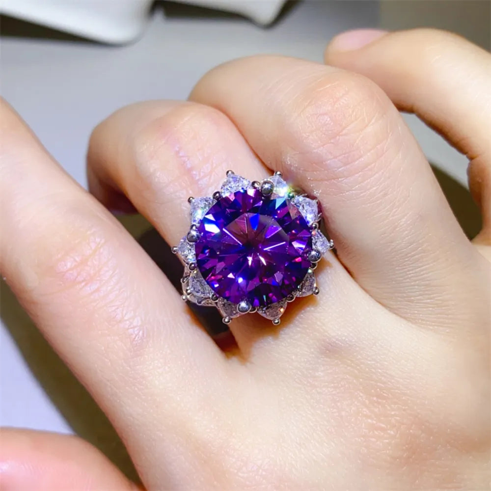 10 Carat Moissanite 925 Sterling Silver Flower Shape Ring - Deep Purple