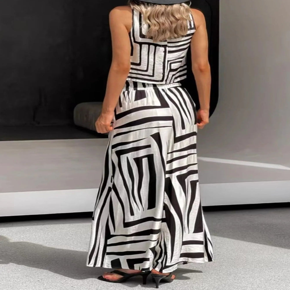 Geometric Print Sleeveless Top and Wide Leg Pants Set - White