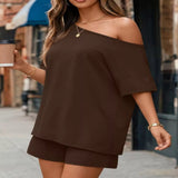 Full Size One Shoulder Top and Shorts Set Plus Size - Blue