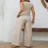 V-Neck Button Down Vest and Wide Leg Pants Set - Dust Storm
