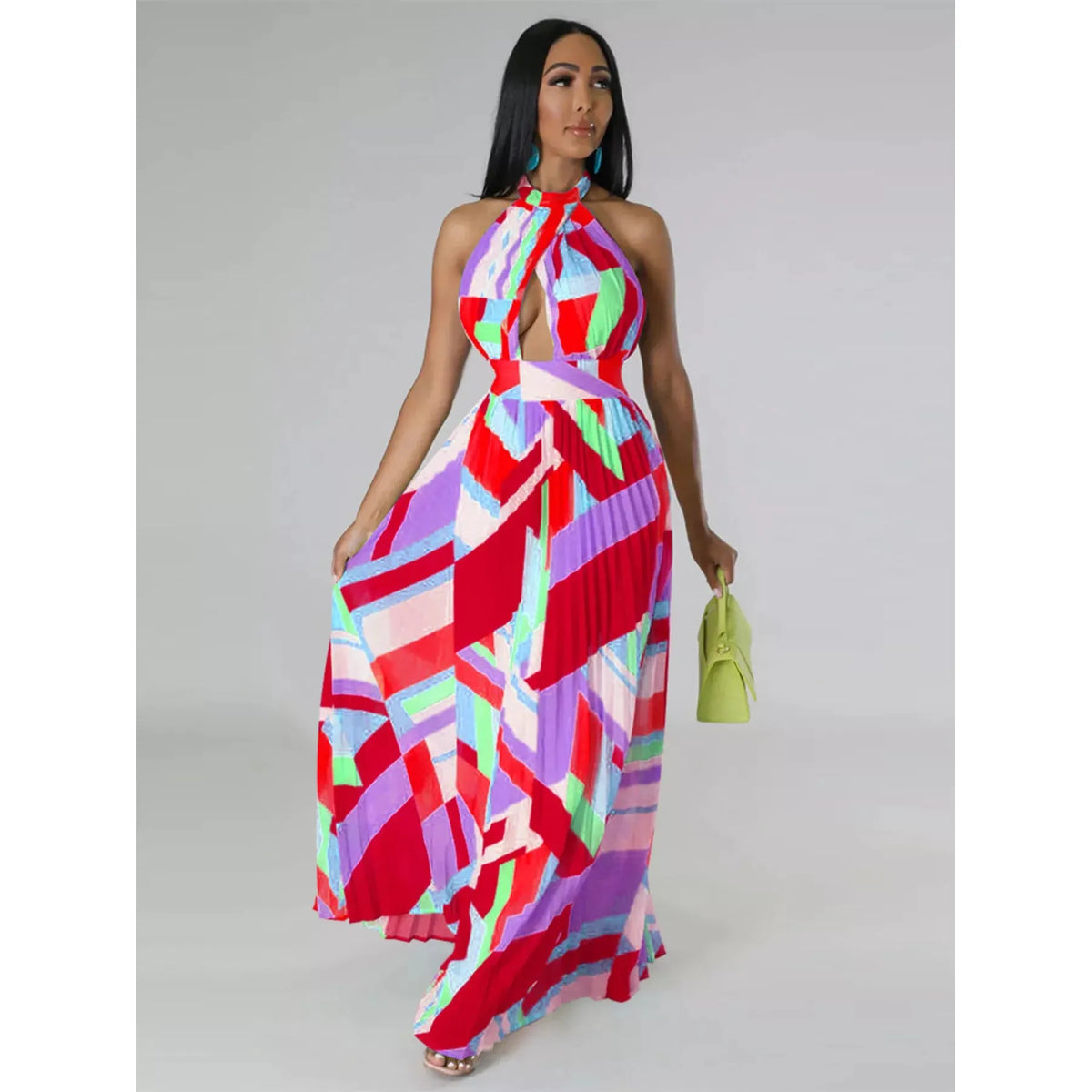 Halter Neck Geometric Print Pleated Maxi Dress - Black