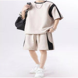 Men's Plus Size Contrast Round Neck Top and Shorts Set - Black