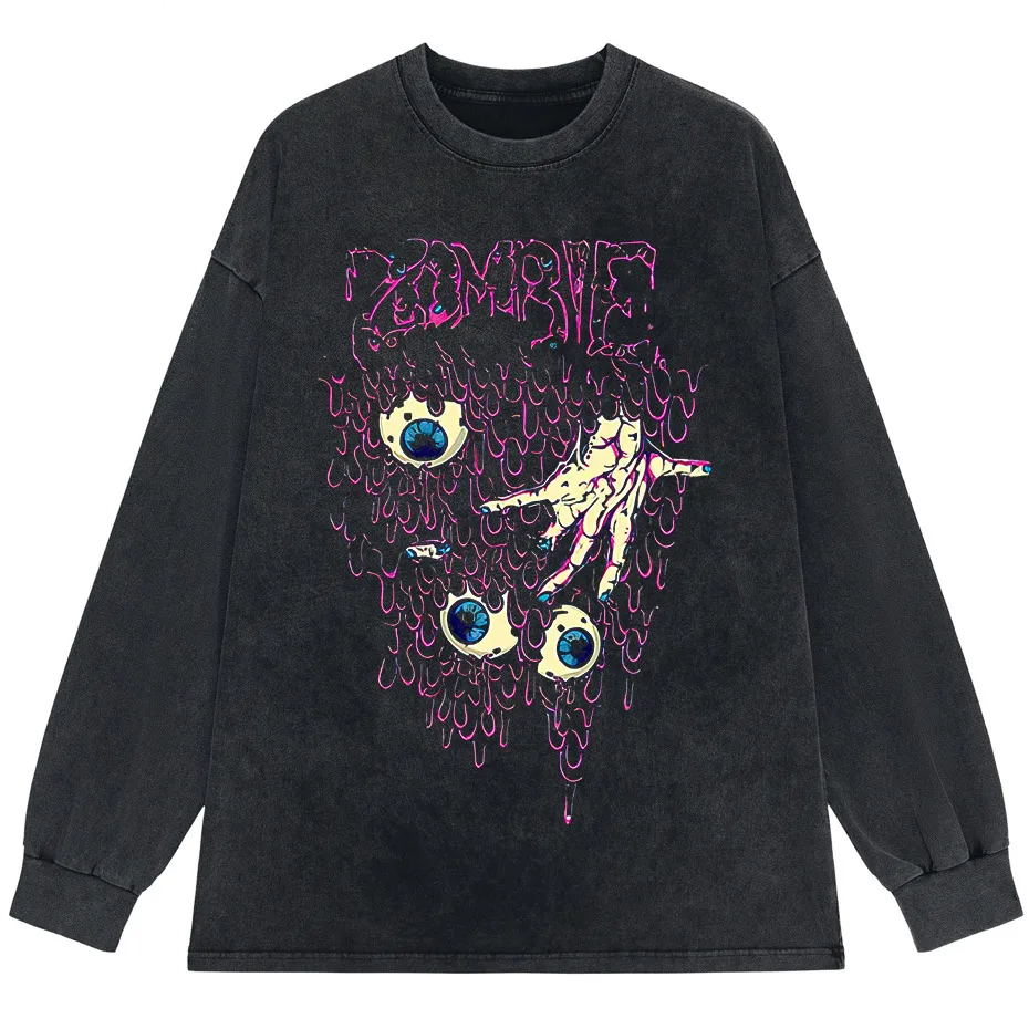 Zombie Horror Gothic Washed Cotton Oversized T-Shirt - long  black