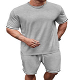 Men's Full Size Striped Short Sleeve Tee and Shorts Set Plus Size - Red