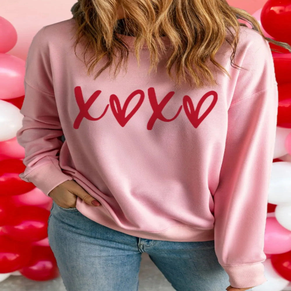 Valentine's Day XOXO Round Neck Drop Shoulder Sweatshirt - Blush Pink