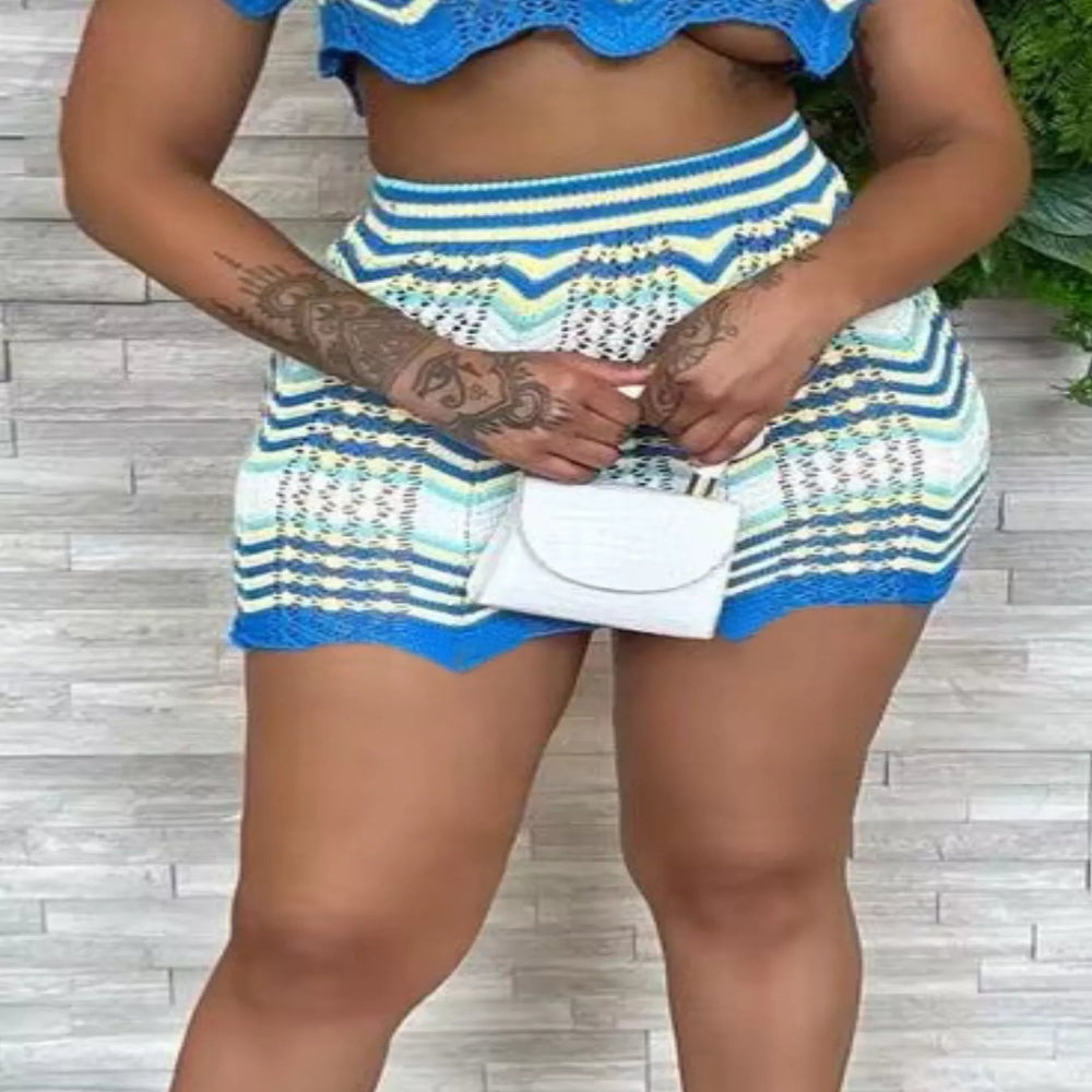 Chevron Knit Polo Crop Top and Mini Skirt Set - Light Blue Stripe