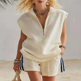 Full Size Zip Front Sleeveless Top and Striped Shorts Set Plus Size - Off-white