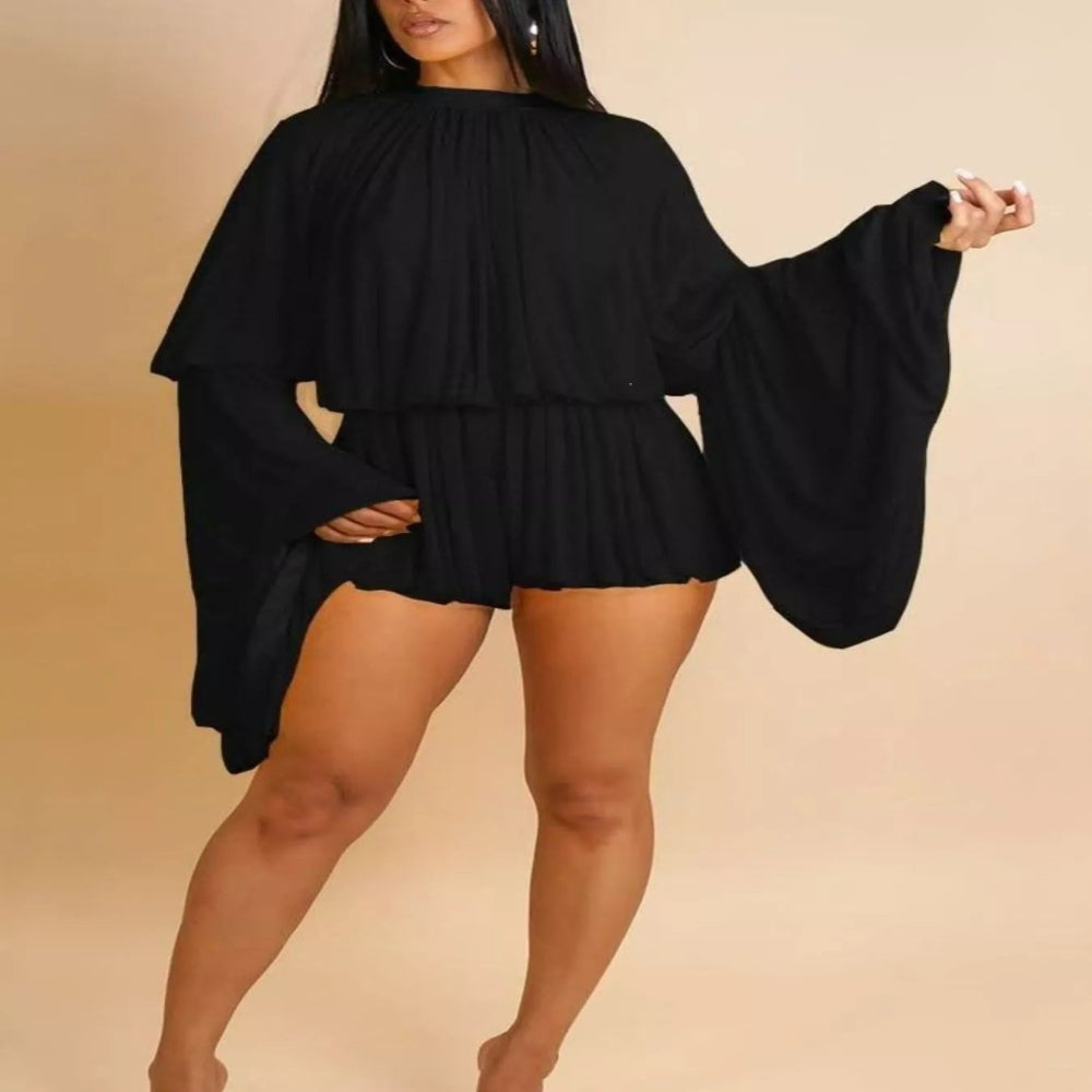 Pleated Long Sleeve Top and Skirt Set - Blue