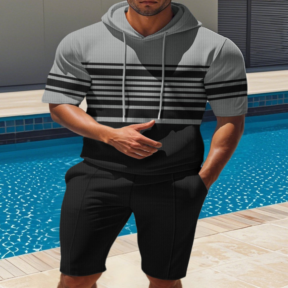 Men's Full Size Striped Short Sleeve Hoodie and Shorts Set Plus Size - Black