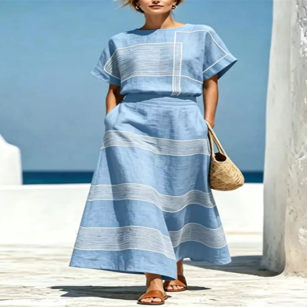Full Size Striped Round Neck Top And Skirt Set Plus Size - Sky Blue