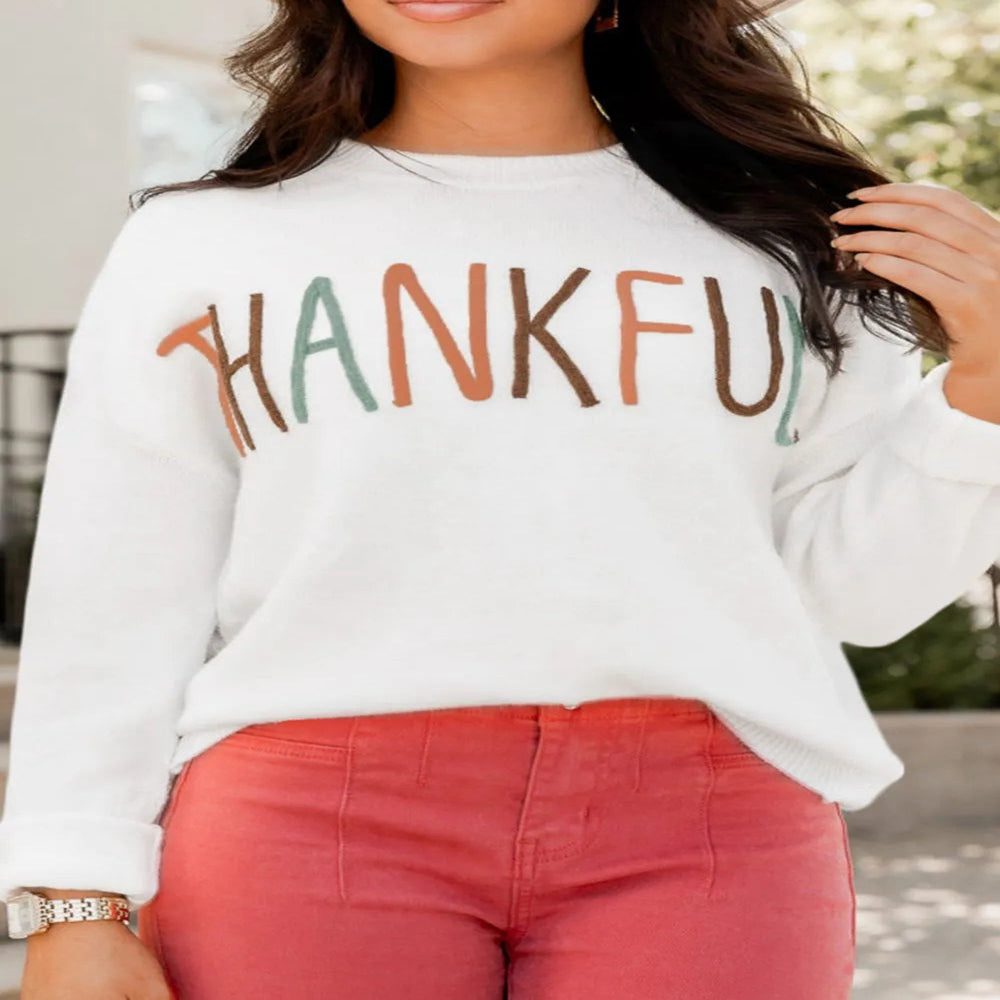 THANKFUL Round Neck Drop Shoulder Sweater - White