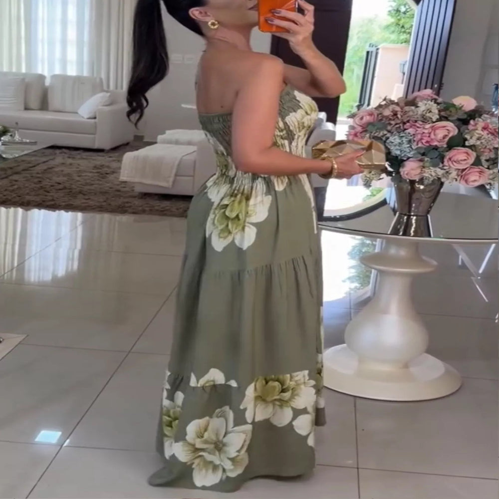 Floral Smocked Strapless Maxi Dress - Green