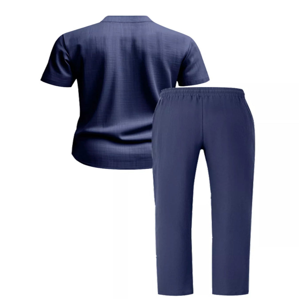 Men's Full Size Casual Button Up Short Sleeve Shirt and Pants Set Plus Size - Navy