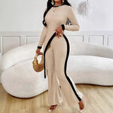 Women's Fashion Long Sleeve Side Slit T-shirt Trousers Suit - Beige