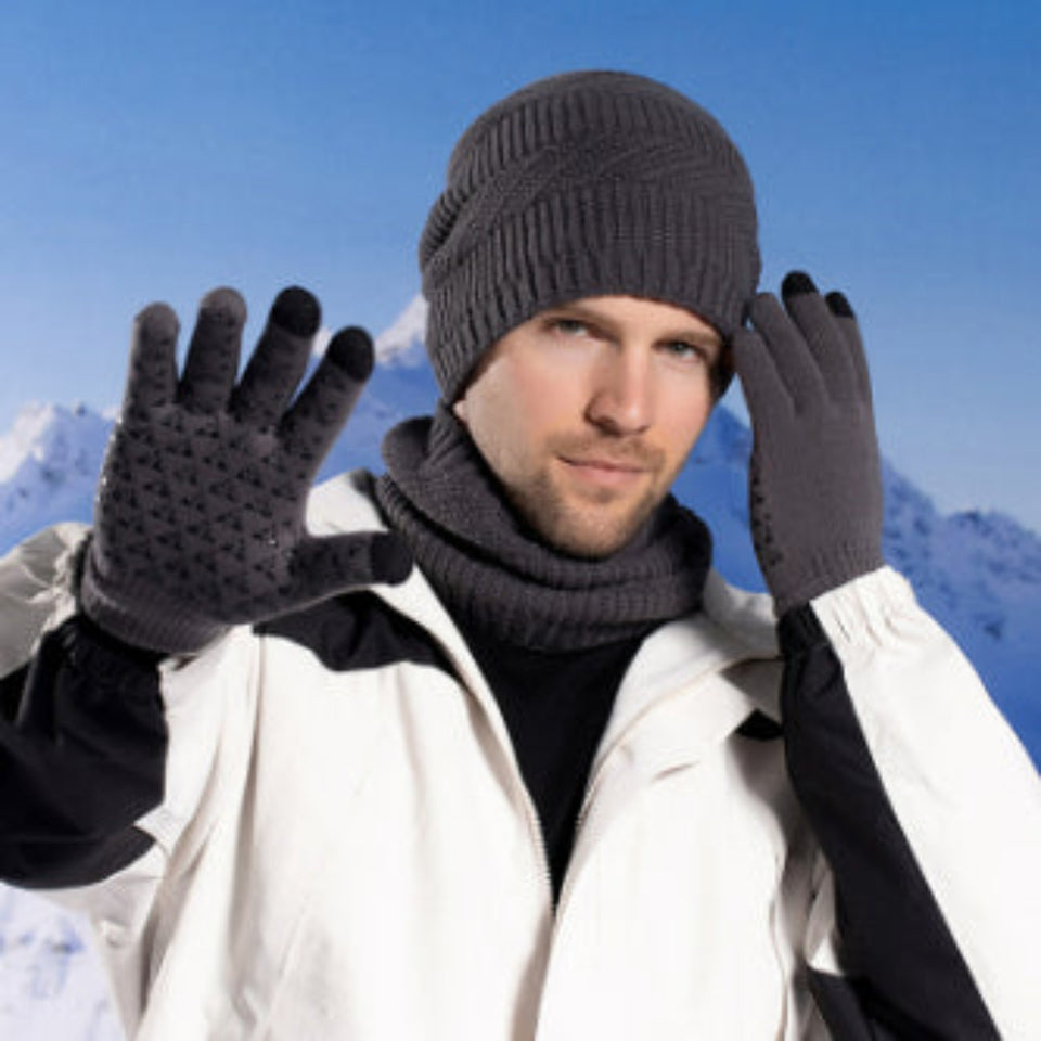 Winter fleece-lined knit hat, matching scarf, and gloves three-piece set in khaki for cold weather.